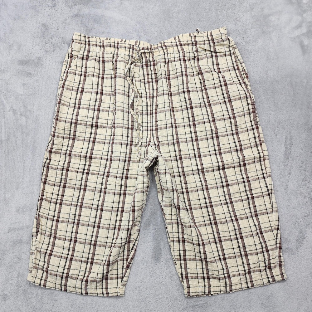 Vintage Blair Pants Womens XL PETITE Beige Plaid Seersucker Capri Drawstring